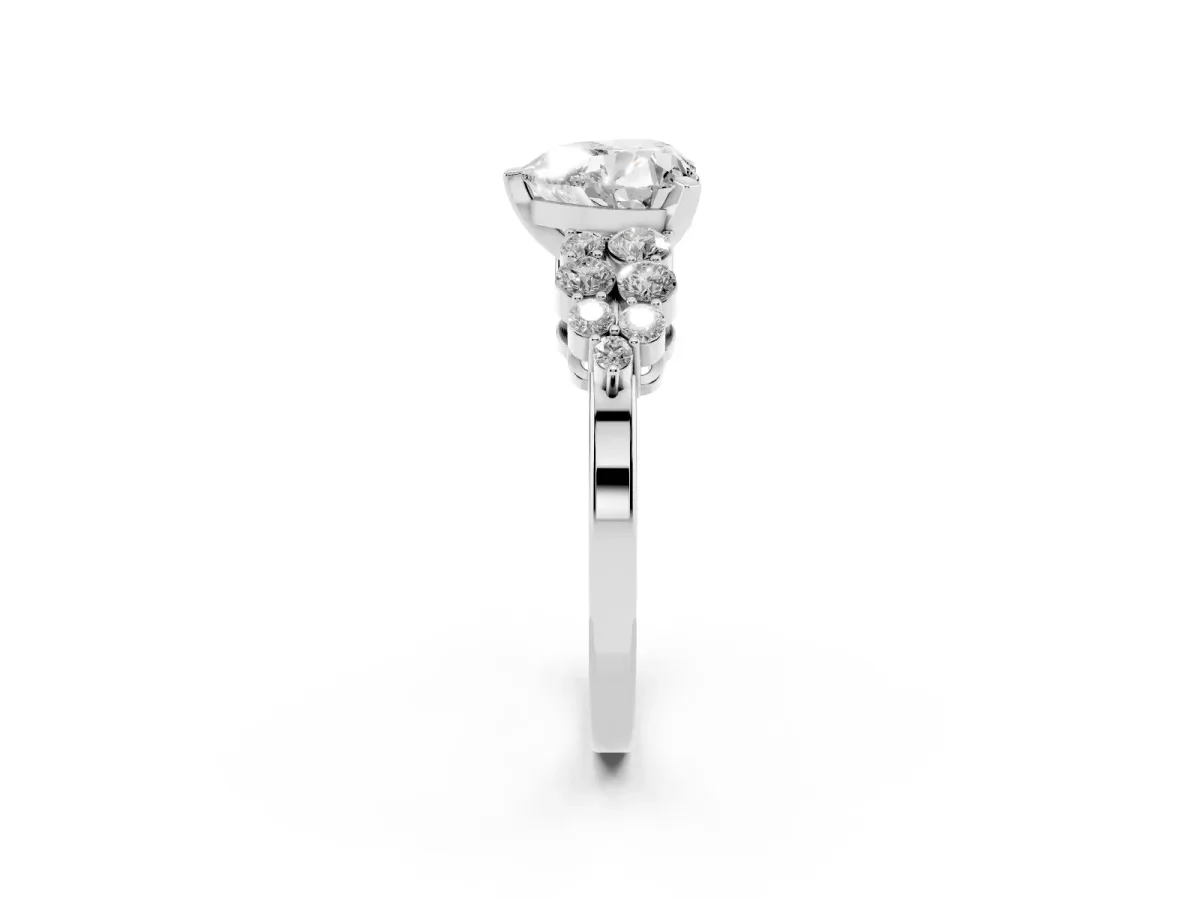 Heart Cut Cluster Diamond Engagement Ring with Pavé Band and Four-Prong Setting Silver