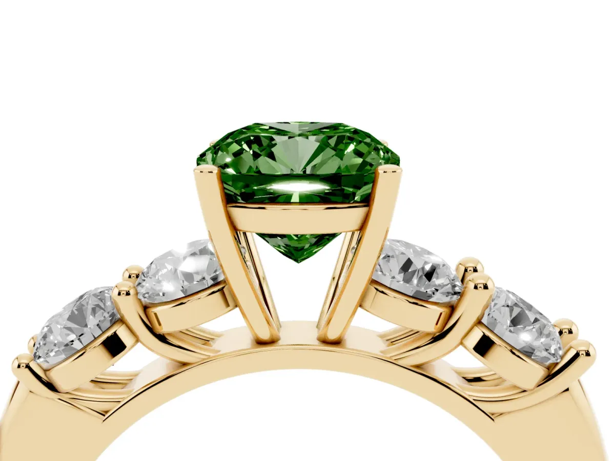 Fancy Green Cushion Cut Cut Five-Stone Prong Set Diamond Ring with Classic Band Yellow gold