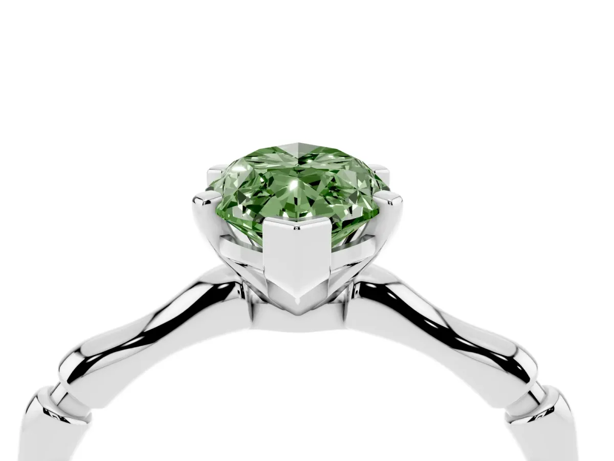 Fancy Green Marquise Cut Solitaire Diamond Ring with Bamboo Band and Four-Prong Setting Silver