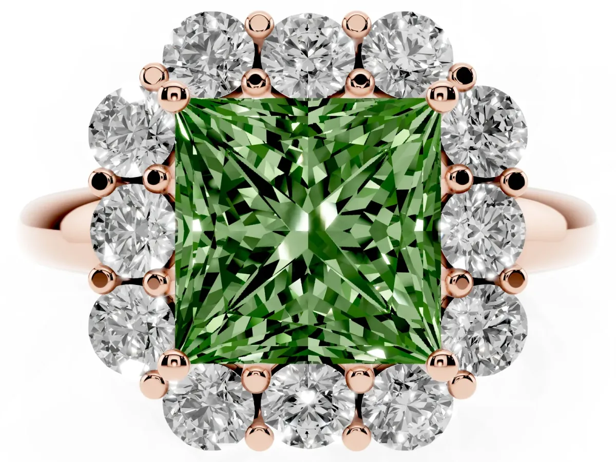 Fancy Green Princess Cut Halo Milgrain Solitaire with Bezel Set Side Stones and Pave Band Rose gold