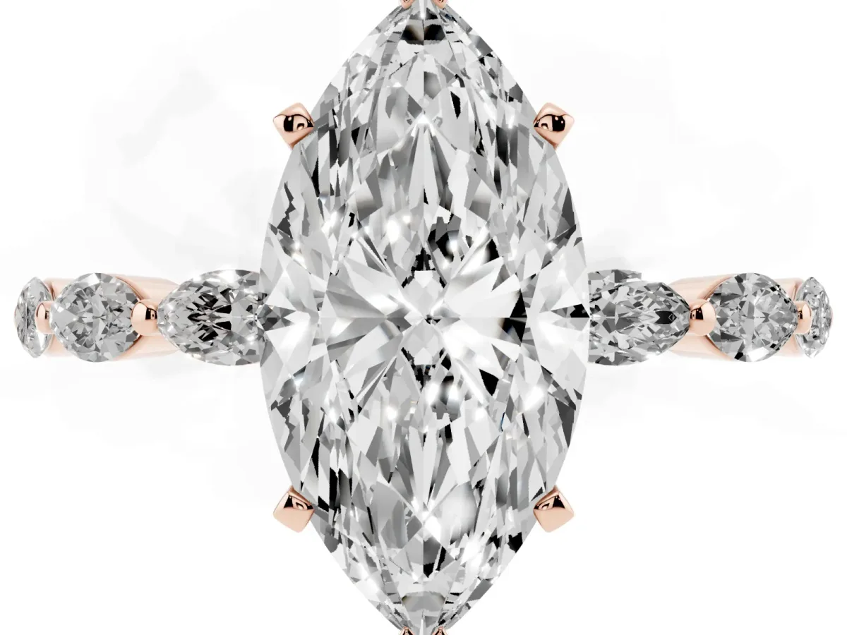 Marquise Cut Diamond Ring with Marquise Side Stones and Prong Setting Rose gold