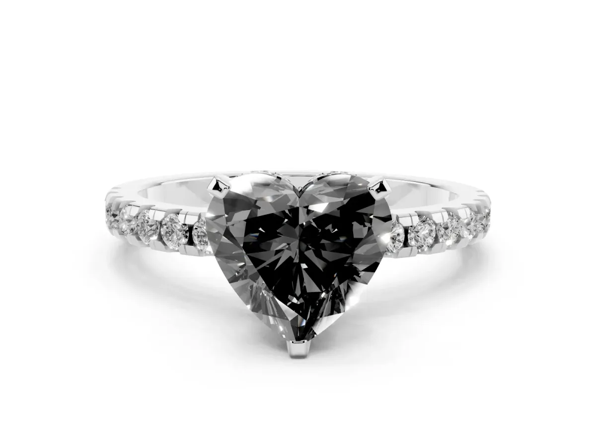 Fancy Black Heart Cut Diamond Solitaire Ring with Round Pavé Band and Four-Prong Setting Silver