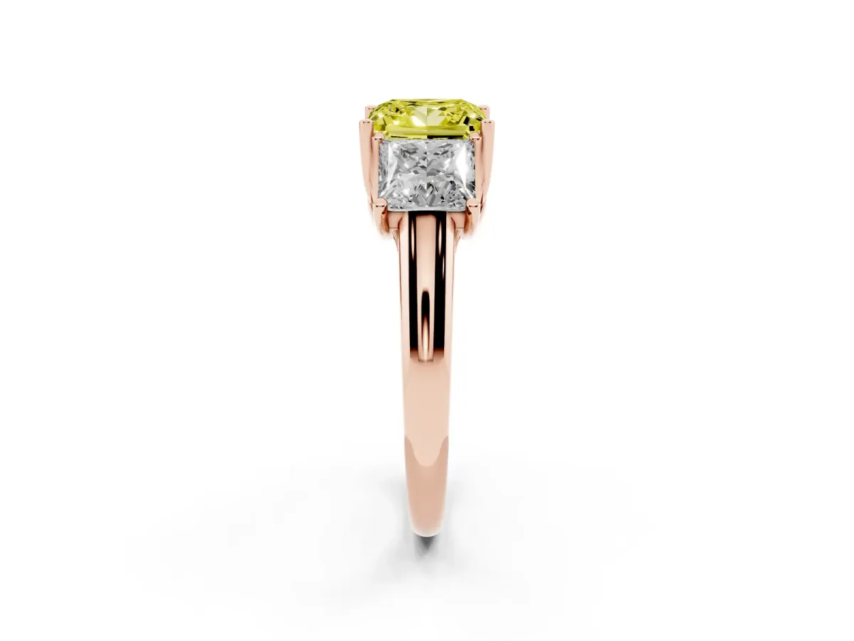 Fancy Yellow Three-Stone Princess Cut Diamond Engagement Ring with Prong Setting Rose gold