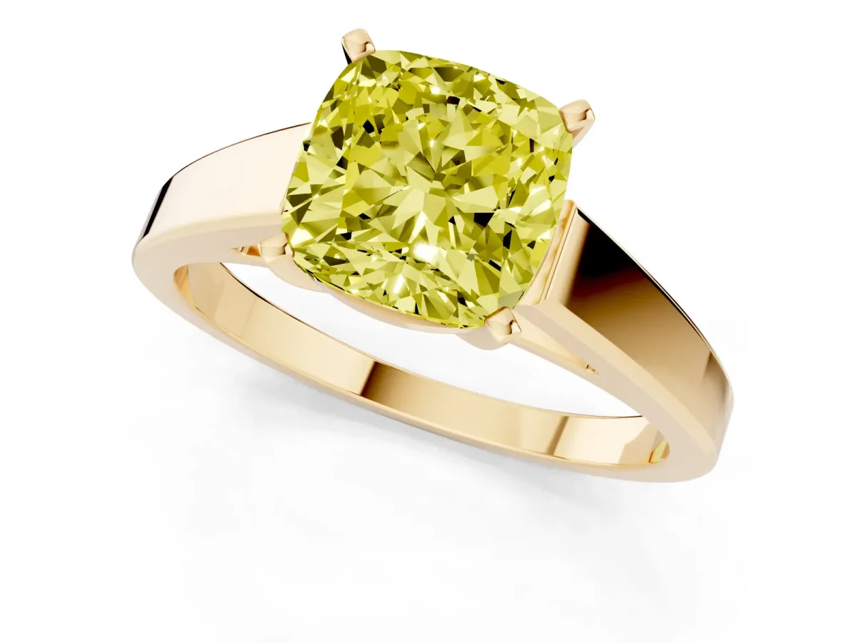 Fancy Yellow Cushion Cut Solitaire Engagement Ring with Four-Prong Setting and Tapered Band Yellow gold