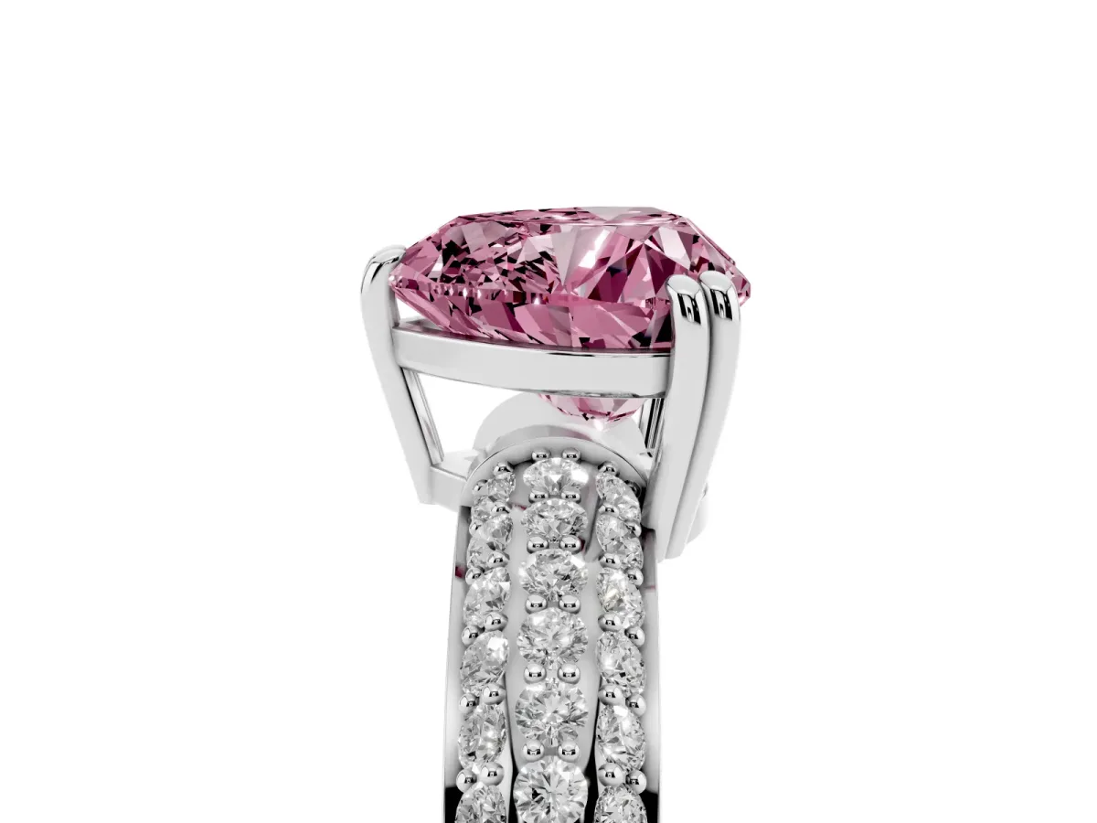 Fancy Pink Heart Cut Diamond Solitaire Ring with Multi-Row Round Pavé Band and Prong Setting Silver