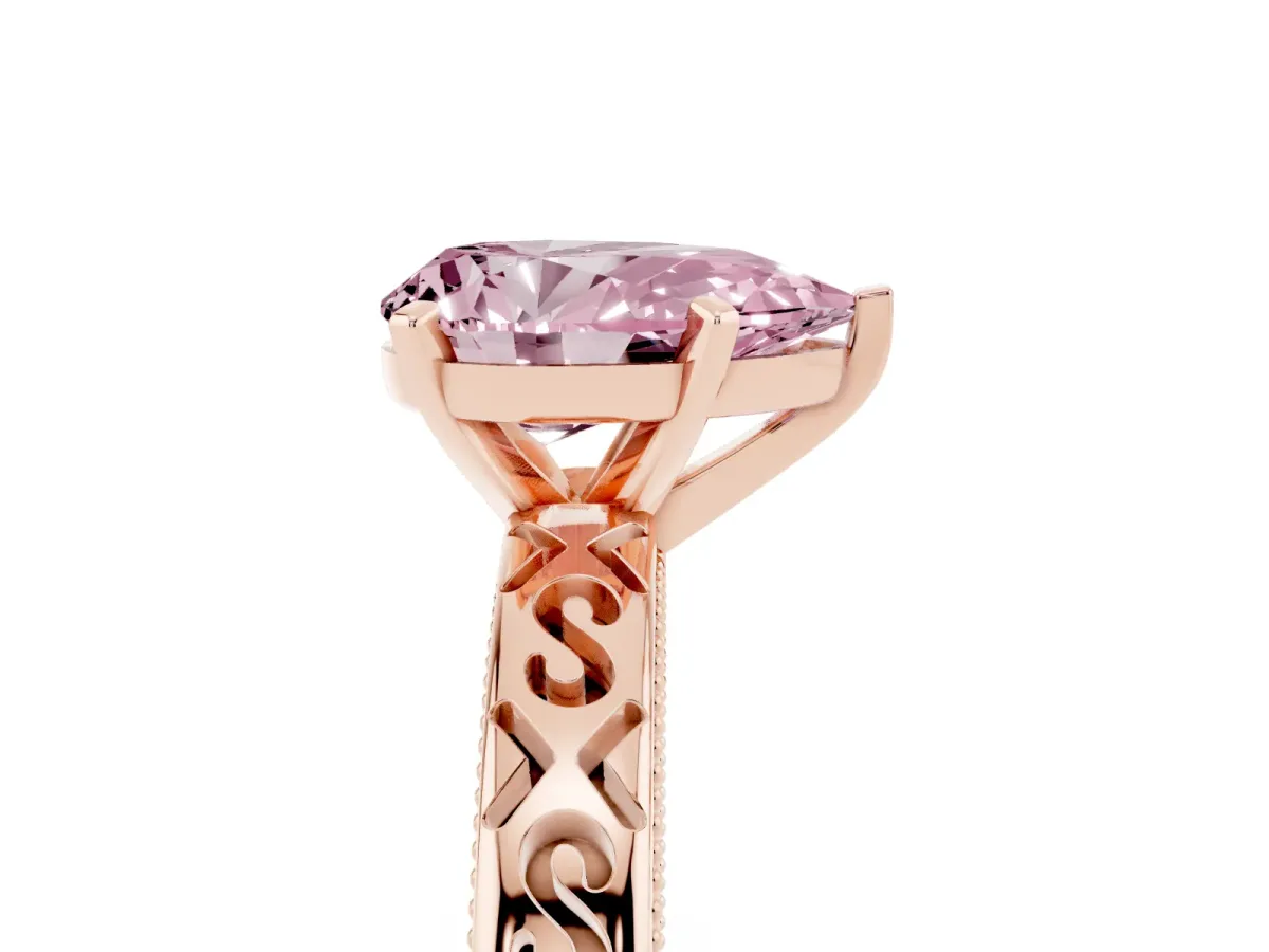 Fancy Pink Pear Cut Solitaire Engagement Ring with Scrollwork Band and Four-Prong Setting Rose gold