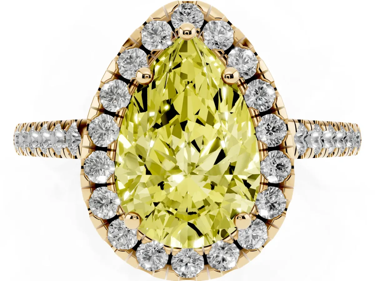 Fancy Yellow Pear Cut Halo Pavé Diamond Engagement Ring with Four-Prong Setting Yellow gold