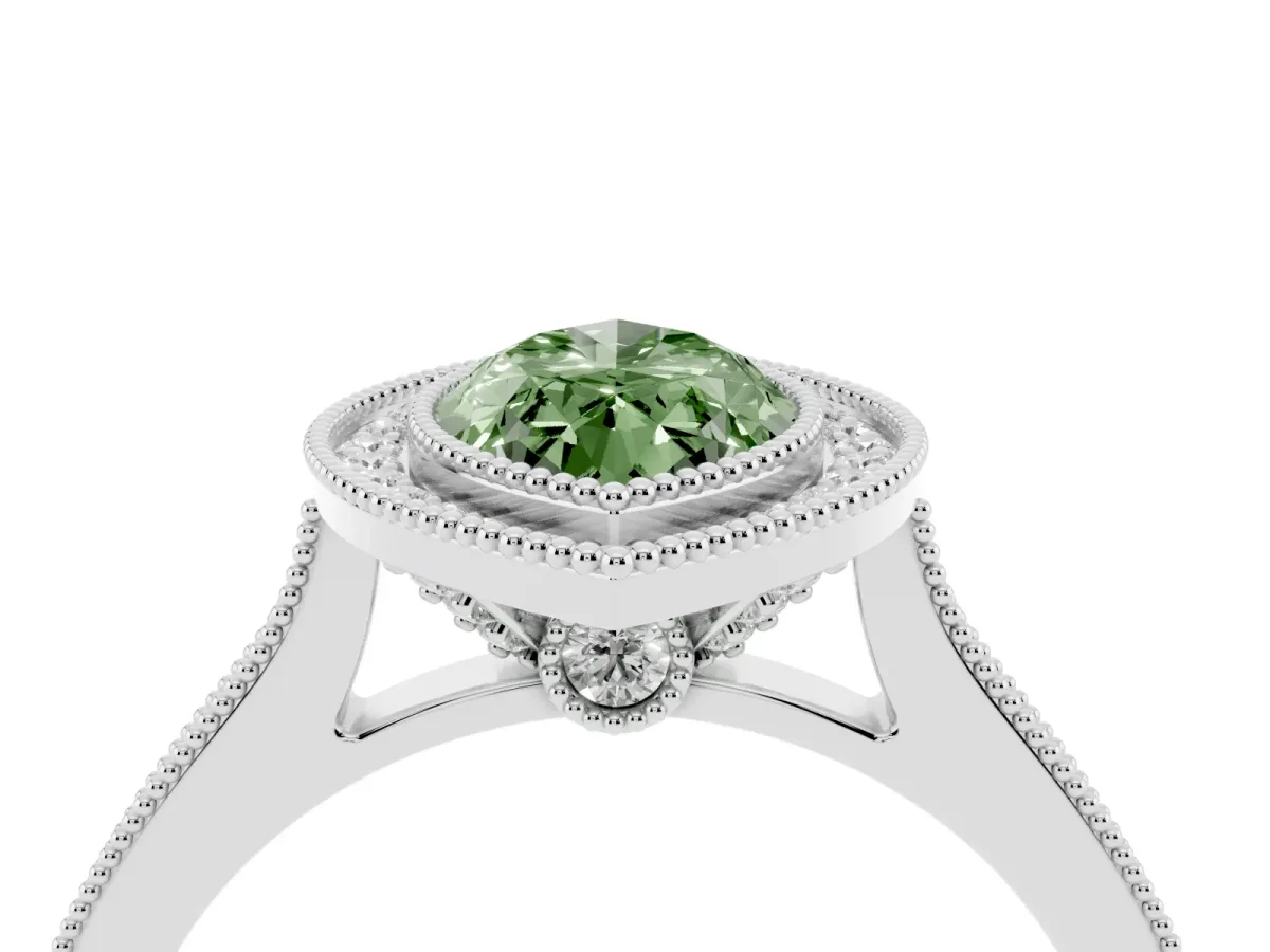Fancy Green Halo Marquise Cut-Cut Diamond Pave Band Milgrain Prong Setting Ring White gold
