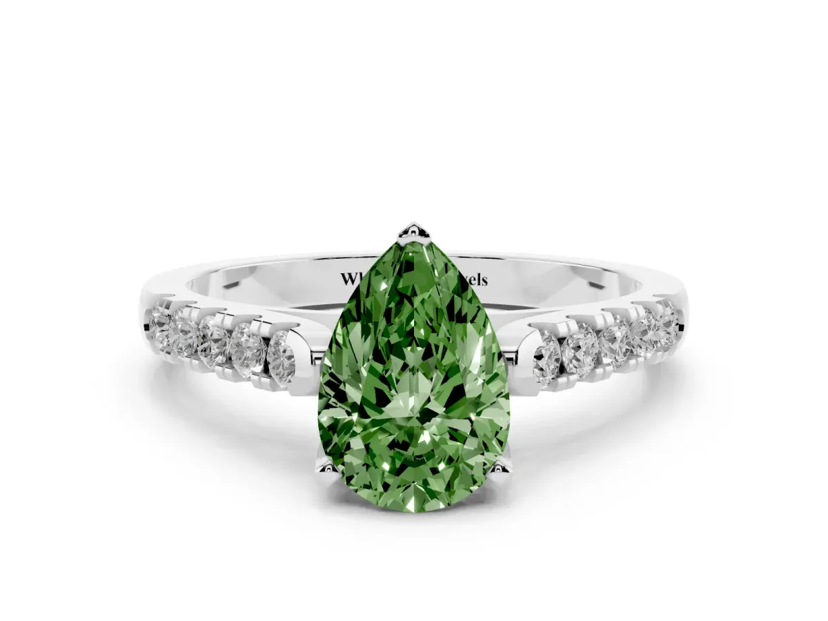 Fancy Green Pear Cut Diamond Pavé Band Solitaire Ring with Prong Setting Platinum