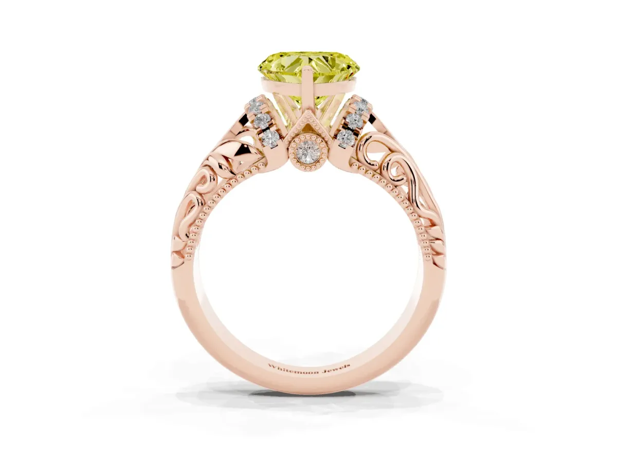 Fancy Yellow Heart Cut Solitaire Filigree Engagement Ring with Halo and Prong Setting Rose gold