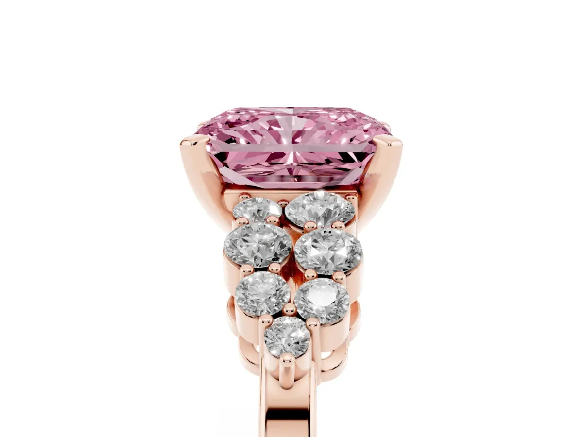 Fancy Pink Radiant Cut Cluster Diamond Engagement Ring with Pavé Band and Four-Prong Setting Rose gold