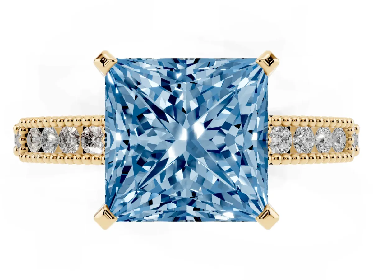 Fancy Blue Princess Cut Solitaire with Pavé Band and Four-Prong Setting Yellow gold