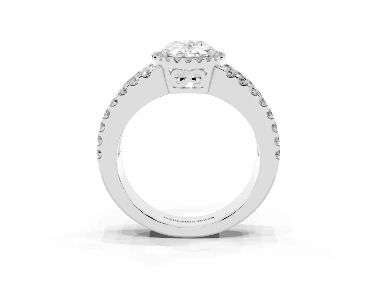 Oval Cut Cut Halo Split Shank Diamond Ring with Four-Prong Setting Silver