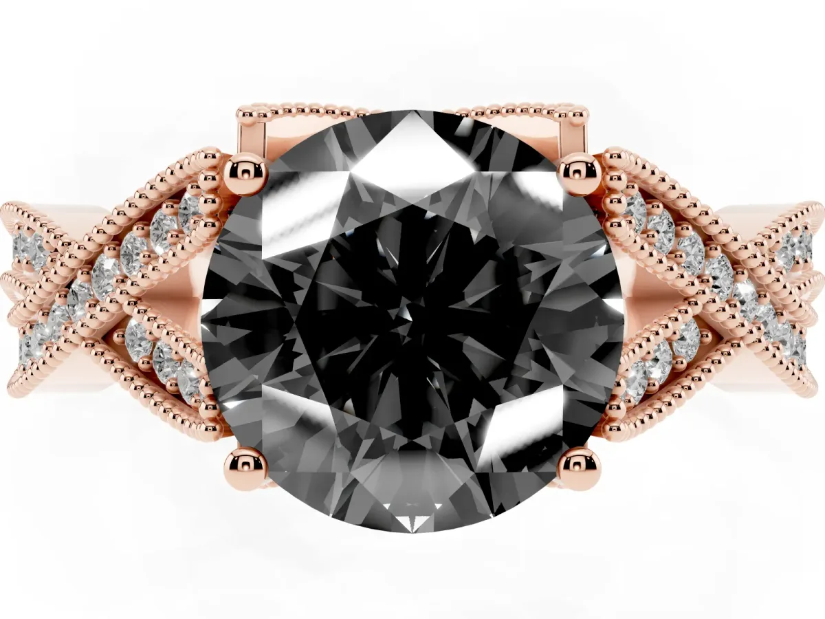Fancy Black Round Cut Cut Diamond Twisted Band with Milgrain Pave Setting and Four-Prong Setting Rose gold