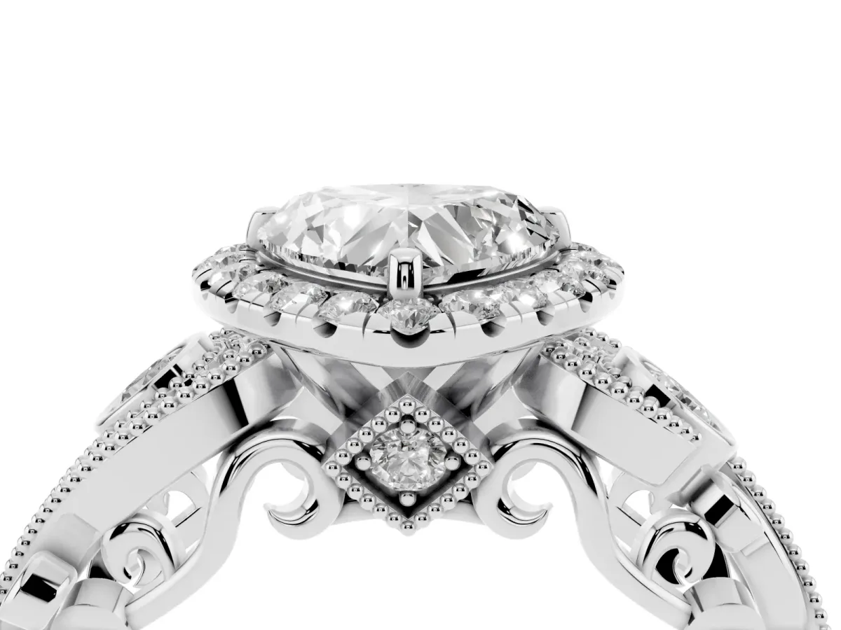 Heart Cut Diamond Halo Ring with Milgrain Pavé Band and Four-Prong Setting White gold