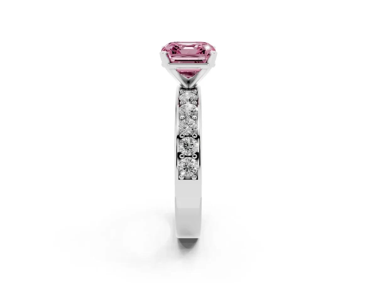 Fancy Pink Asscher Cut Diamond Engagement Ring with Channel Set Round Band and Prong Setting White gold