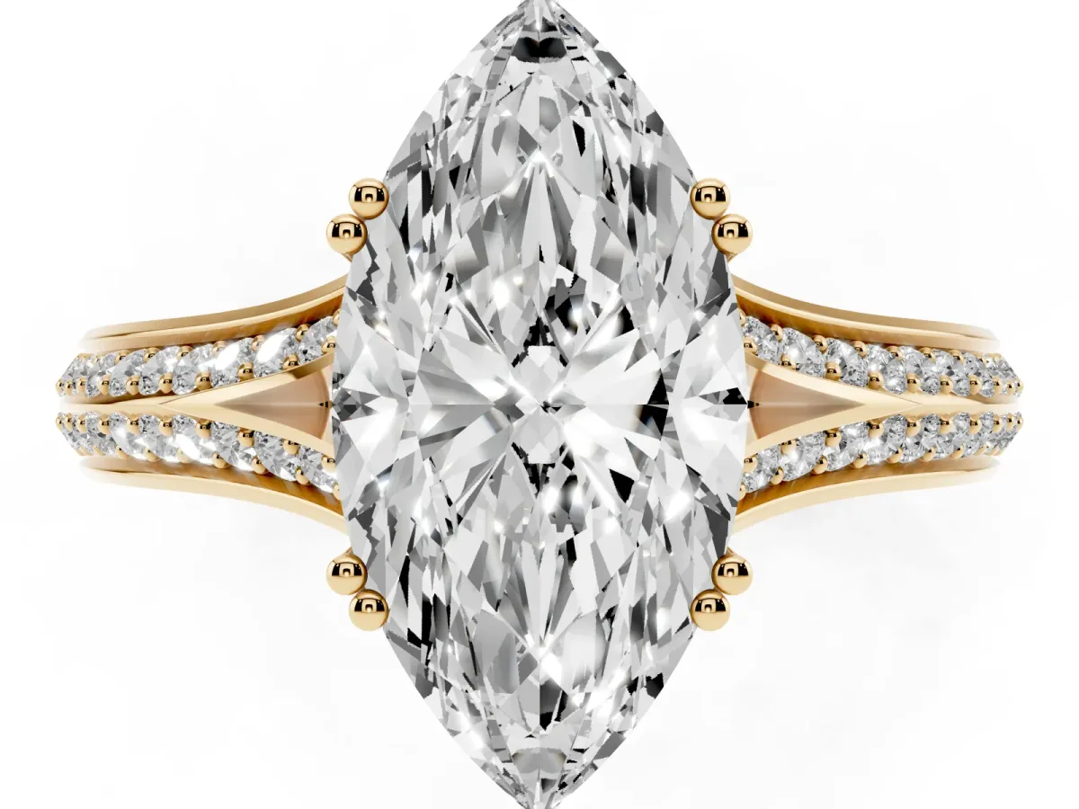 Marquise Cut Diamond Split Shank Engagement Ring with Pavé Band Yellow gold