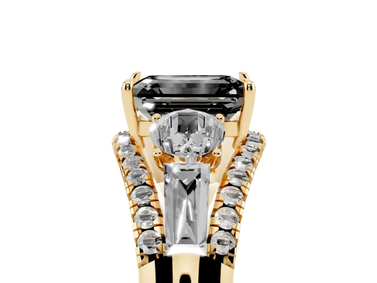 Fancy Black Three-Stone Emerald Cut Diamond Engagement Ring with Pave Band and Prong Setting Yellow gold