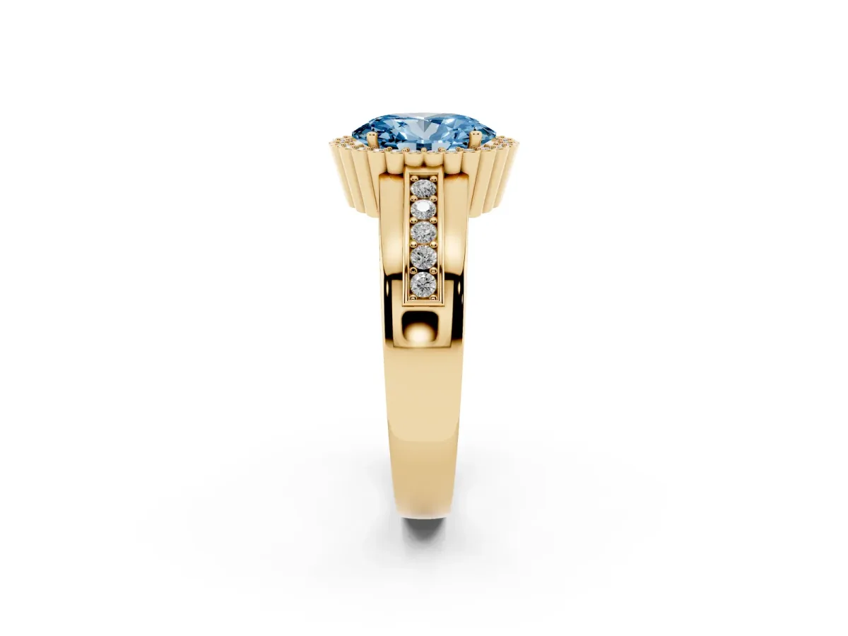 Fancy Blue Oval Cut Cut Halo Pave Band Four-Prong Ring Yellow gold