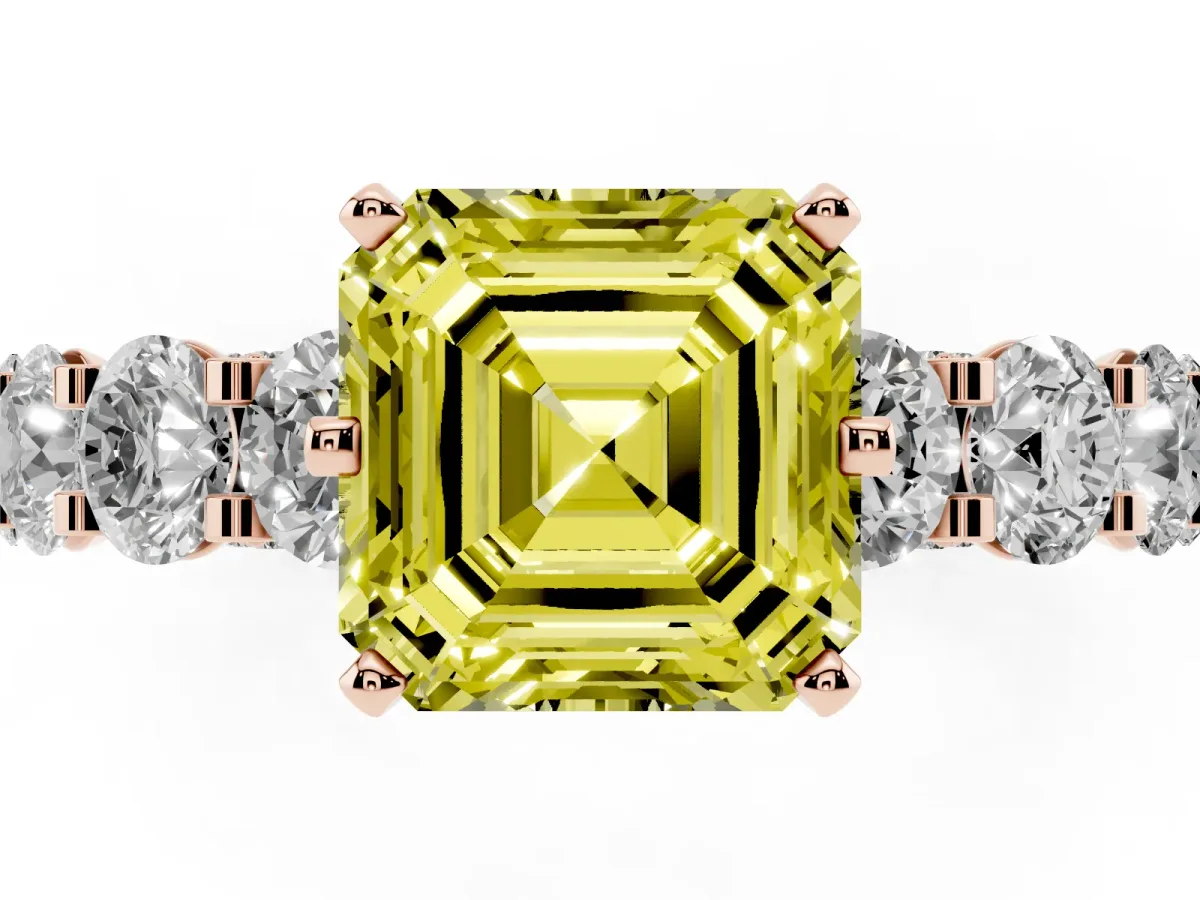 Fancy Yellow Asscher Cut Diamond Side Stone Engagement Ring with Four-Prong Setting Rose gold