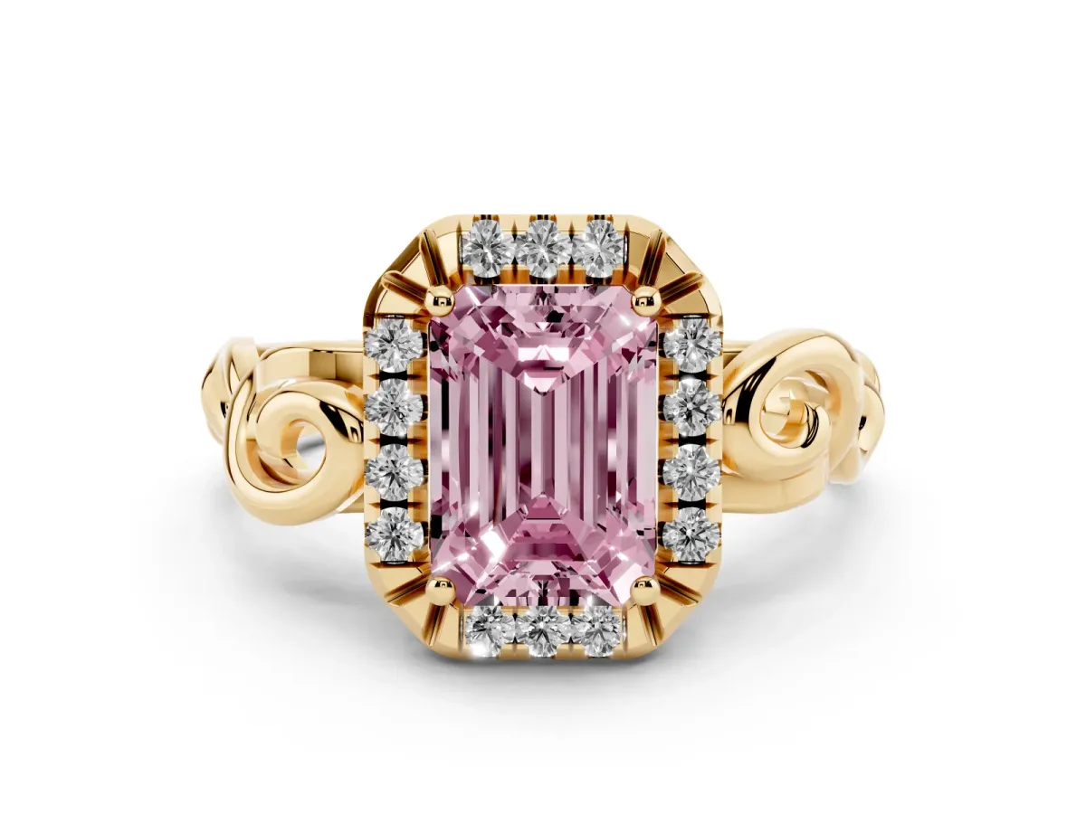 Fancy Pink Emerald Cut Cut Halo Diamond Ring with Scrollwork Band and Four-Prong Setting Yellow gold