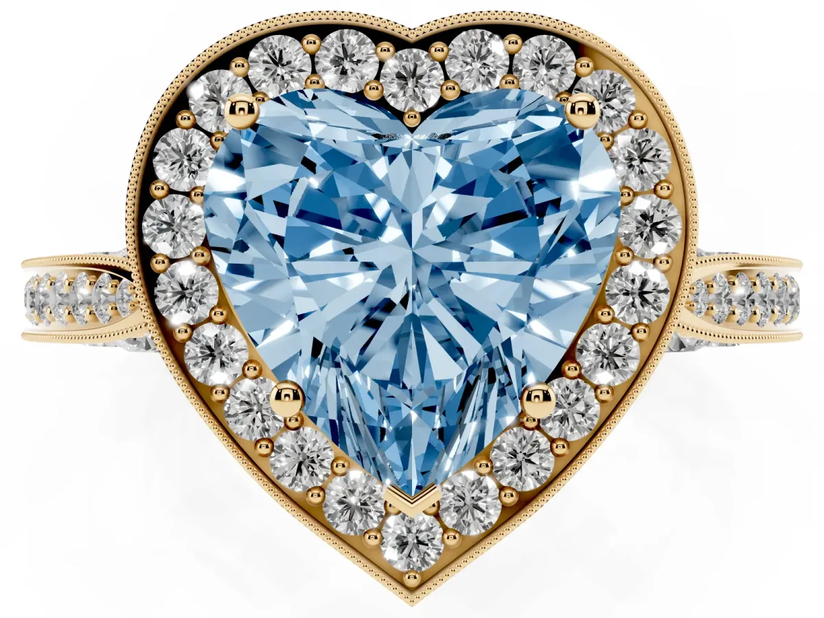 Fancy Blue Heart Cut Halo Diamond Engagement Ring with Split Shank Band and Four-Prong Setting Yellow gold