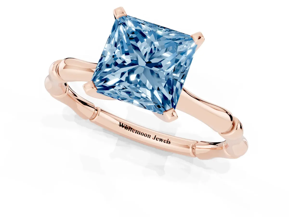 Fancy Blue Princess Cut Solitaire Diamond Ring with Bamboo Band and Four-Prong Setting Rose gold