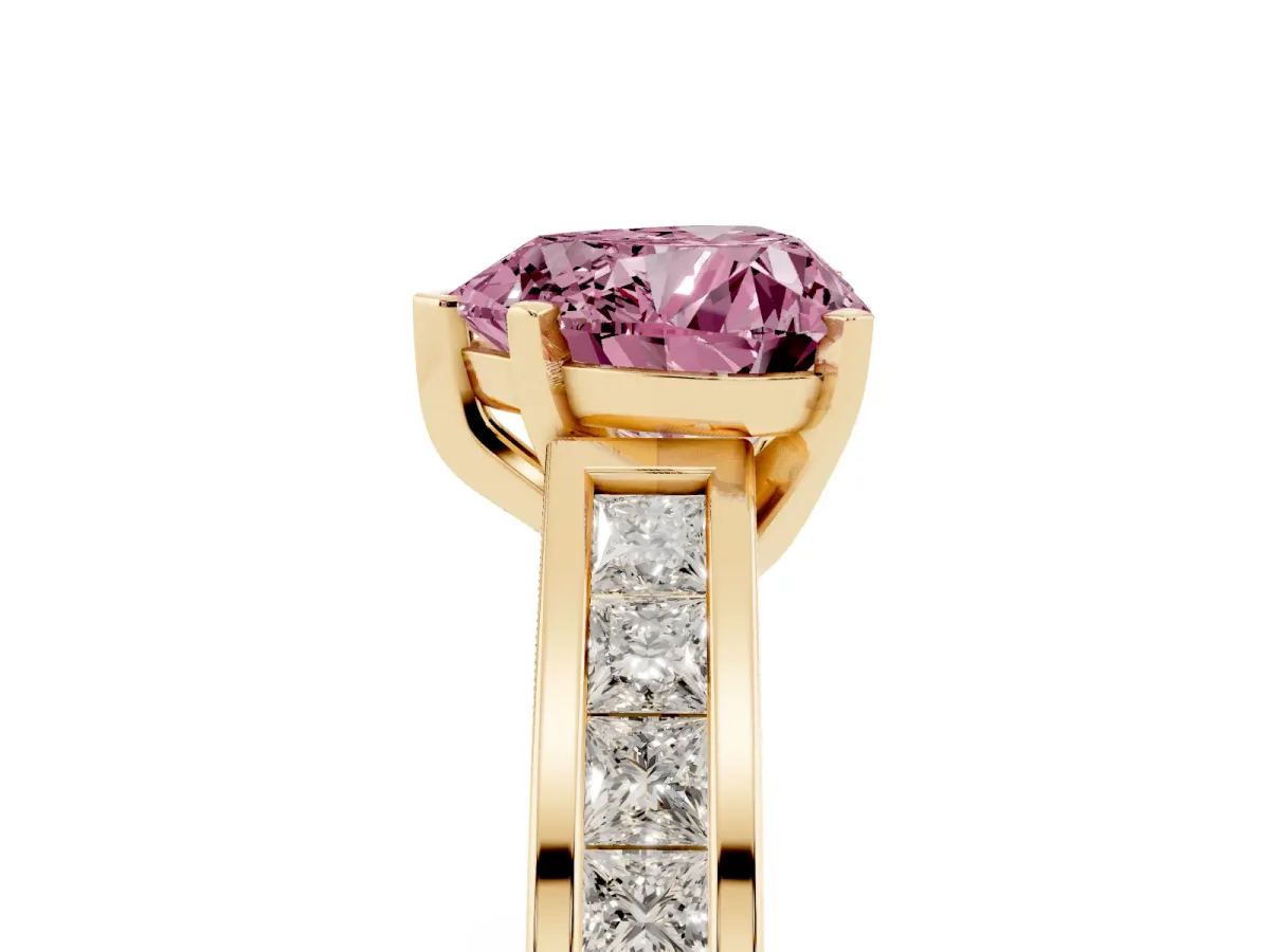 Fancy Pink Heart Cut Solitaire Diamond Ring with Channel-Set Band and Four-Prong Setting Yellow gold