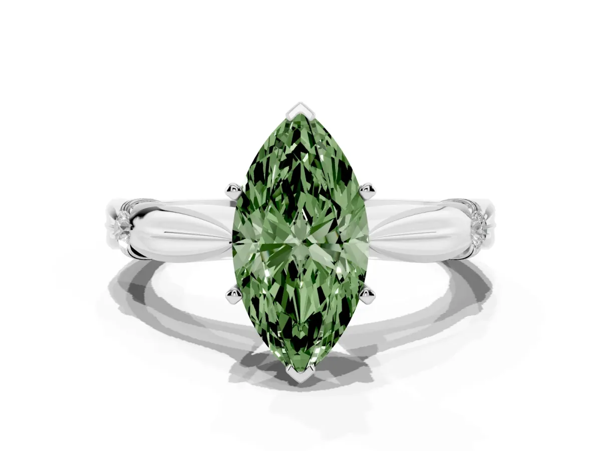 Fancy Green Marquise Cut Solitaire Diamond Twisted Band with Four-Prong Setting Silver