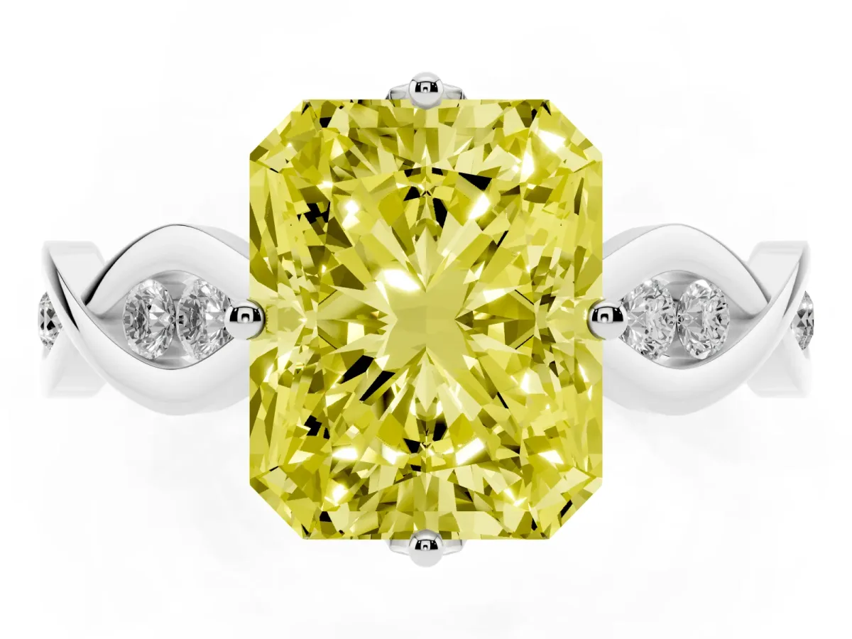 Fancy Yellow Radiant Cut Solitaire Twist Band with Leaf Prong Setting Silver