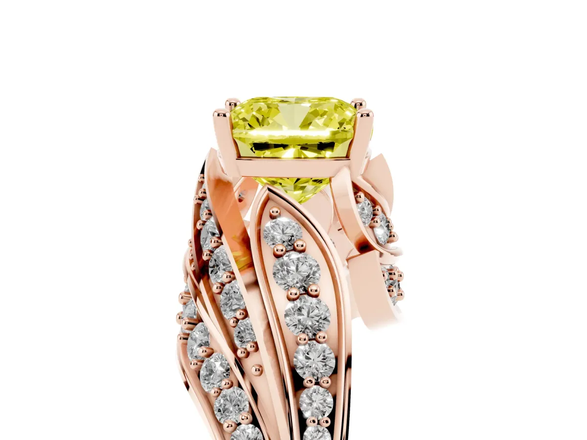 Fancy Yellow Cushion Cut Diamond Solitaire Ring with Prong Setting and Twisted Pavé Band Rose gold