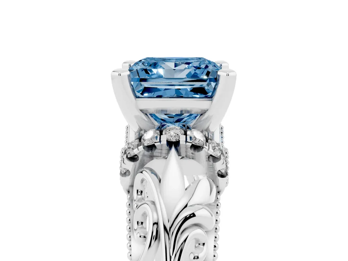 Fancy Blue Princess Cut Solitaire Filigree Engagement Ring with Halo and Prong Setting White gold