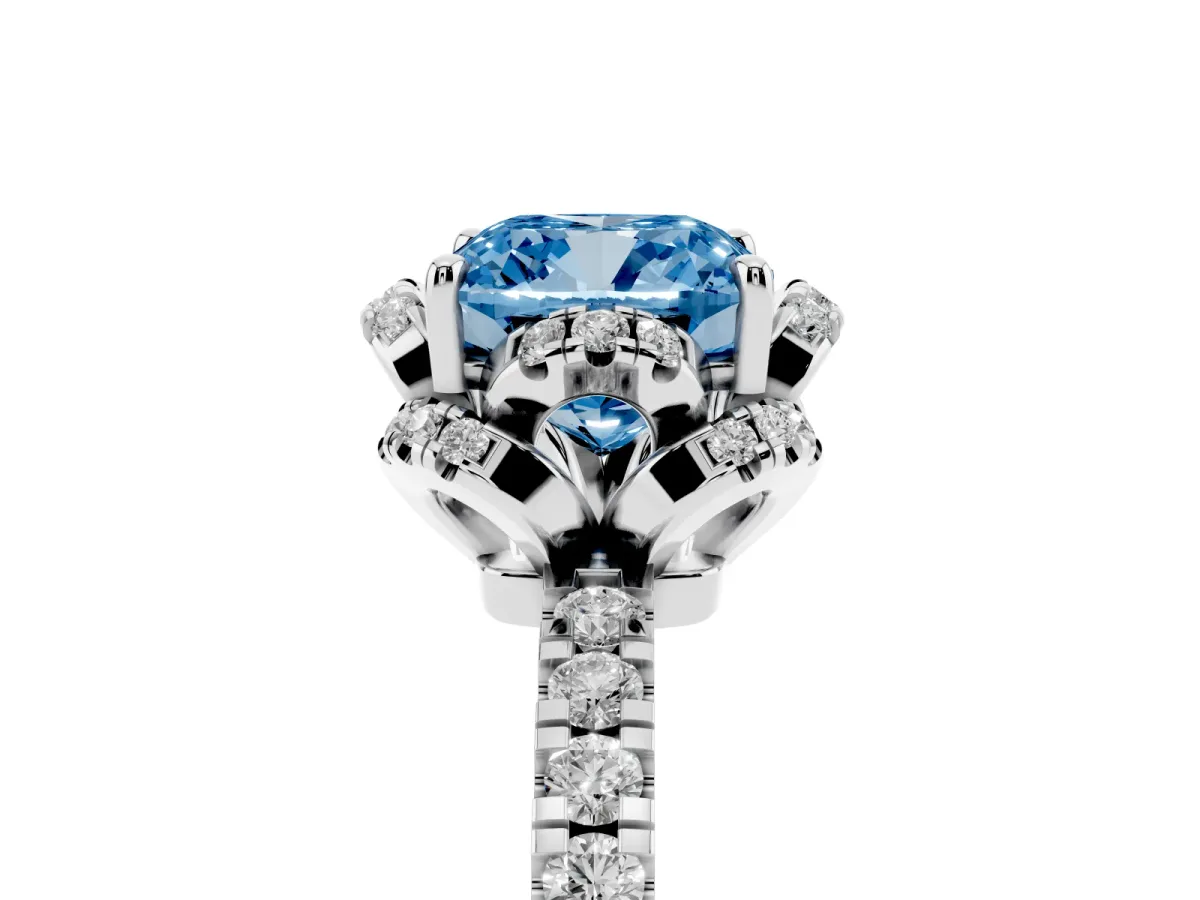 Fancy Blue Cushion Cut Diamond Halo Pave Band with Four-Prong Setting Platinum