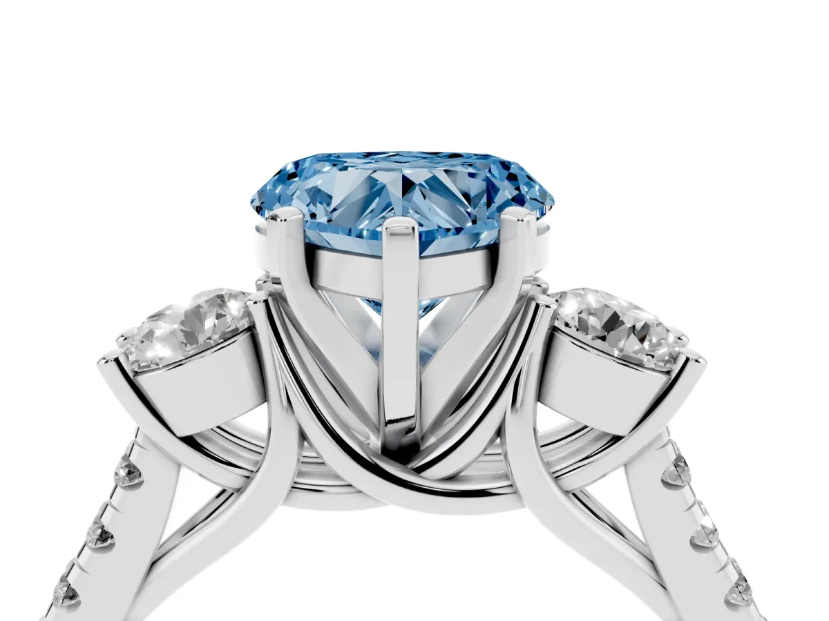 Fancy Blue Three-Stone Heart Cut Diamond Pavé Band with Four-Prong Setting Silver