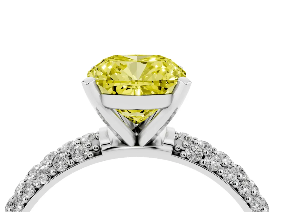 Fancy Yellow Cushion Cut Diamond Solitaire Ring with Prong Setting and Pavé Band Silver