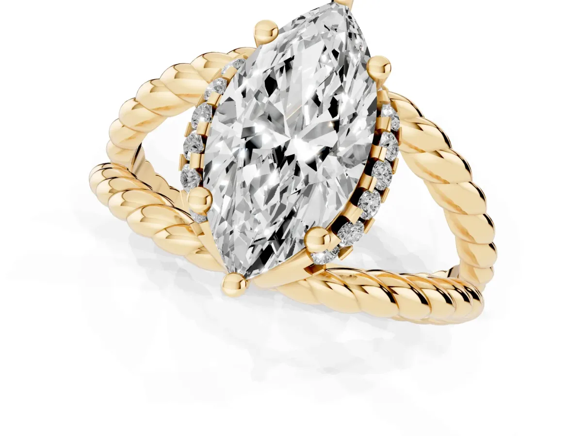 Marquise Cut Halo Twisted Band Four-Prong Ring Yellow gold