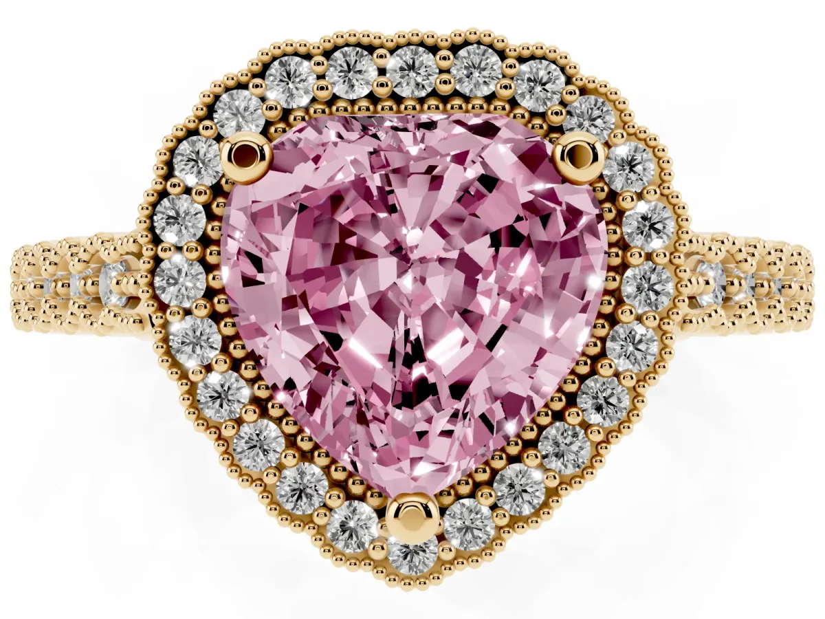 Fancy Pink Heart Cut Cut Halo Pavé Solitaire Ring with Milgrain Band Yellow gold