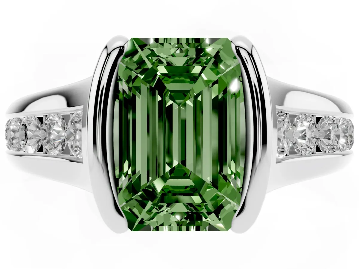 Fancy Green Emerald Cut Solitaire Bezel-Set Diamond Ring with Channel-Set Band Platinum