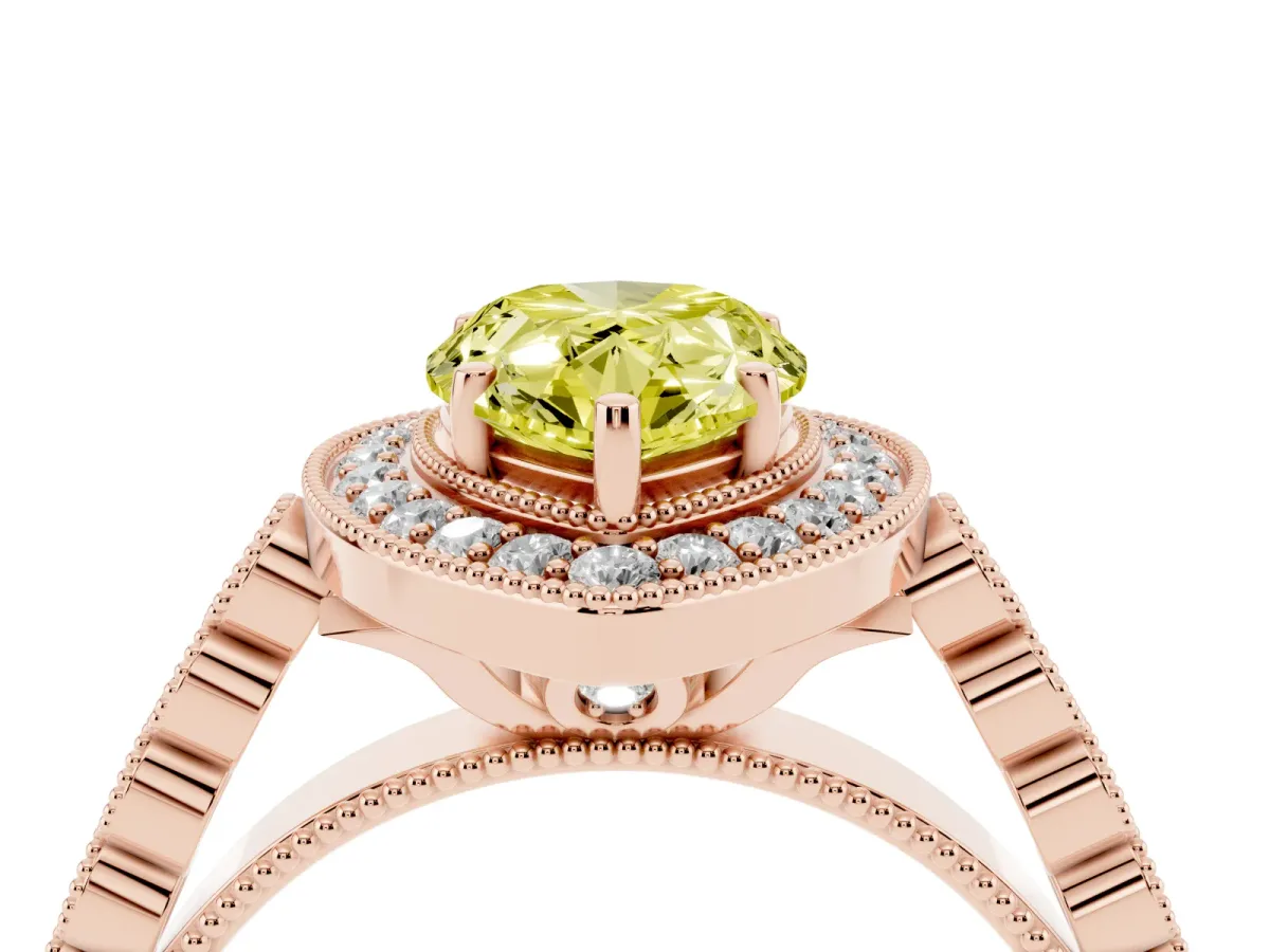 Fancy Yellow Pear Cut Halo Milgrain Solitaire with Bezel Set Side Stones and Pave Band Rose gold