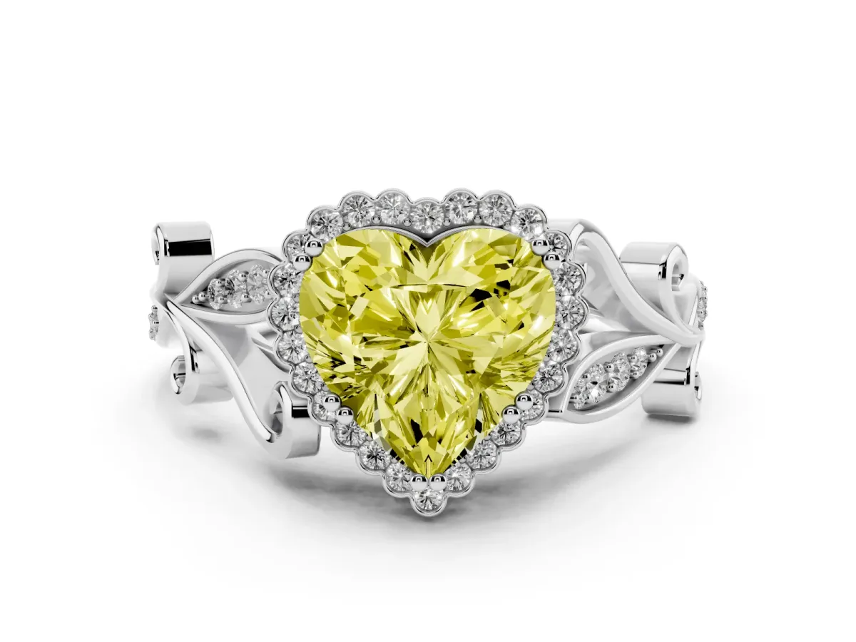 Fancy Yellow Heart Cut Diamond Halo Ring with Vintage Split Shank and Four-Prong Setting Silver