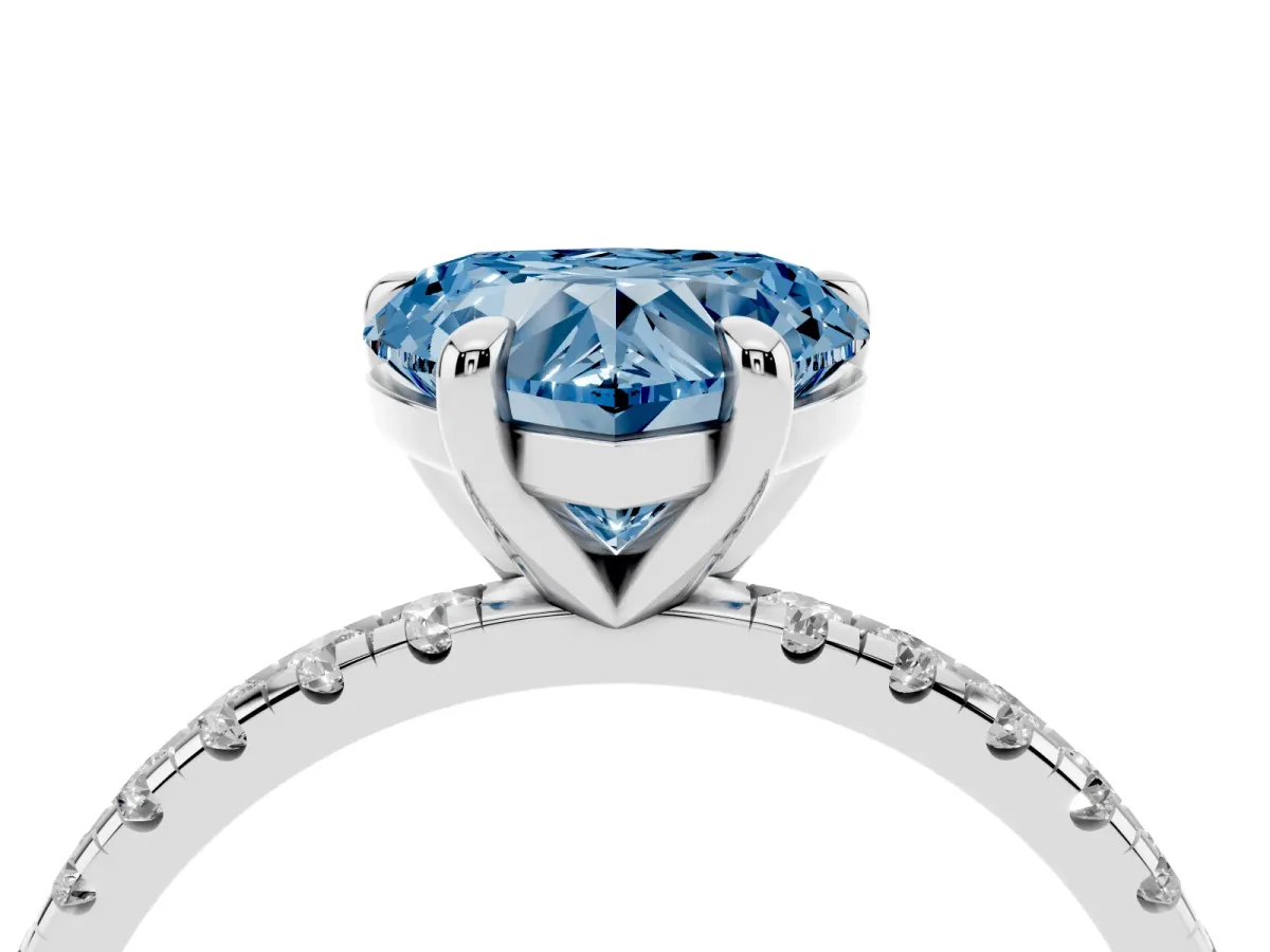 Fancy Blue Heart Cut Diamond Brilliant Solitaire Ring with Pavé Band and Four-Prong Setting Platinum