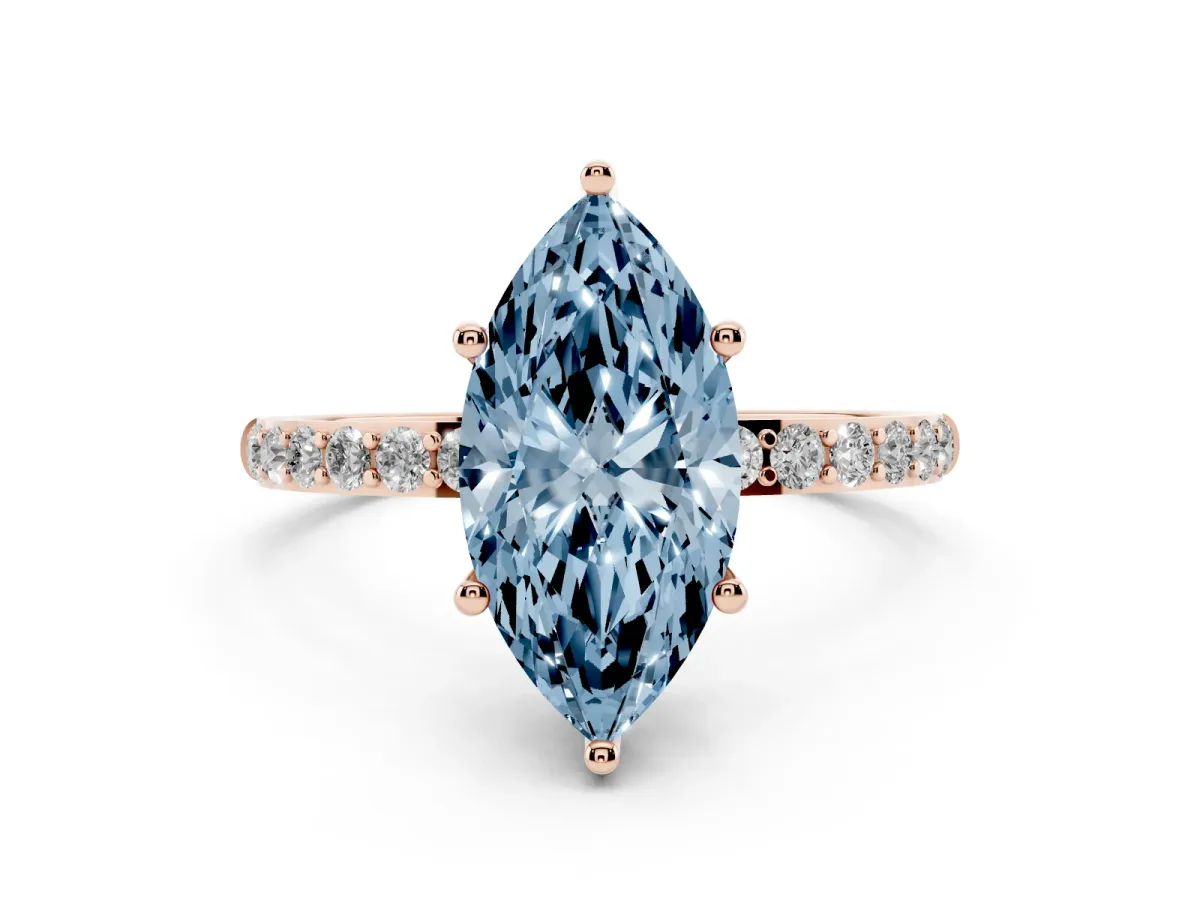 Fancy Blue Marquise Cut Diamond Solitaire Ring with Round Pavé Shoulders and Prong Setting Rose gold