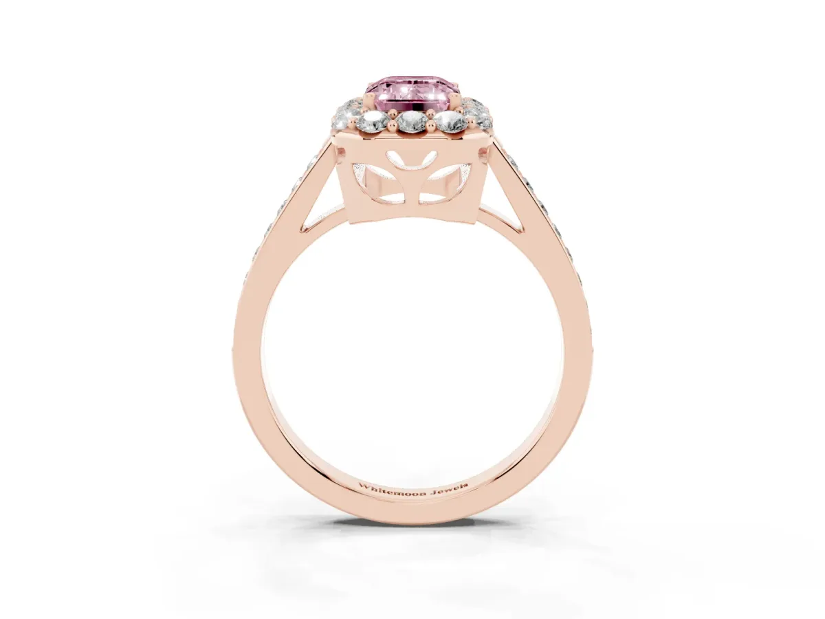 Fancy Pink Emerald Cut Diamond Floral Halo Ring with Pavé Band and Prong Setting Rose gold
