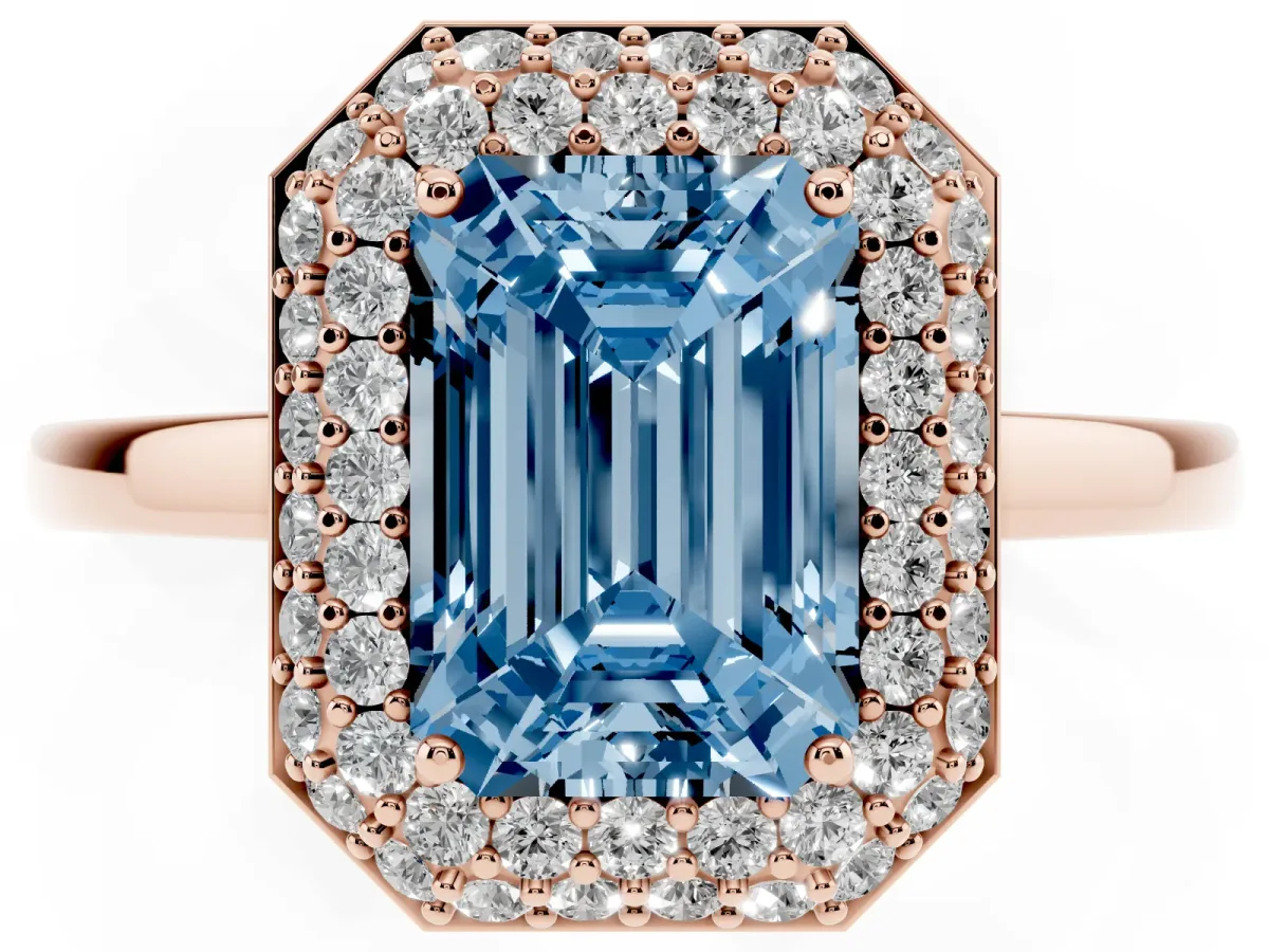 Fancy Blue Emerald Cut Halo Diamond Engagement Ring with Solitaire Band and Four-Prong Setting Rose gold