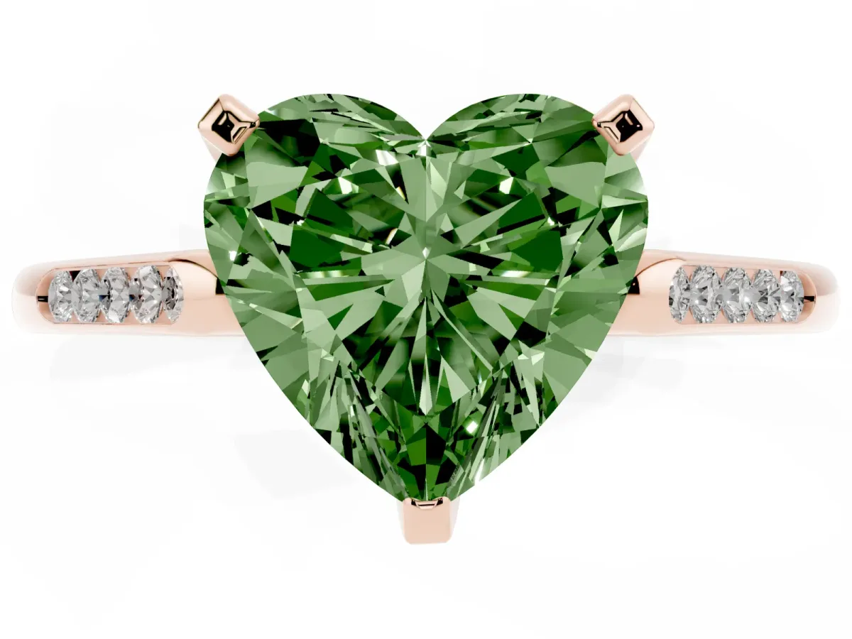 Fancy Green Heart Cut Diamond Solitaire Ring with Channel Set Round Band and Prong Setting Rose gold