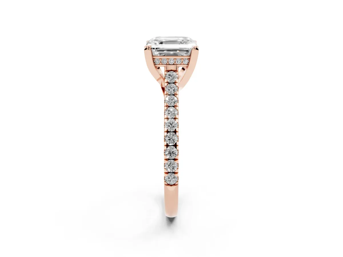 Asscher Cut Brilliant Diamond Solitaire with Pavé Band and Four-Prong Setting Rose gold