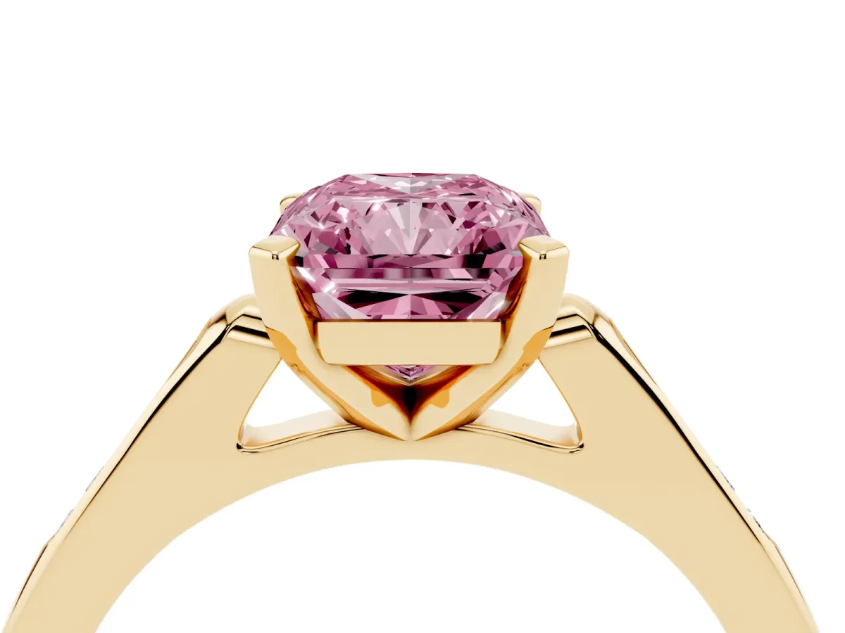 Fancy Pink Radiant Cut Diamond Solitaire Ring with Channel Set Round Band and Prong Setting Yellow gold