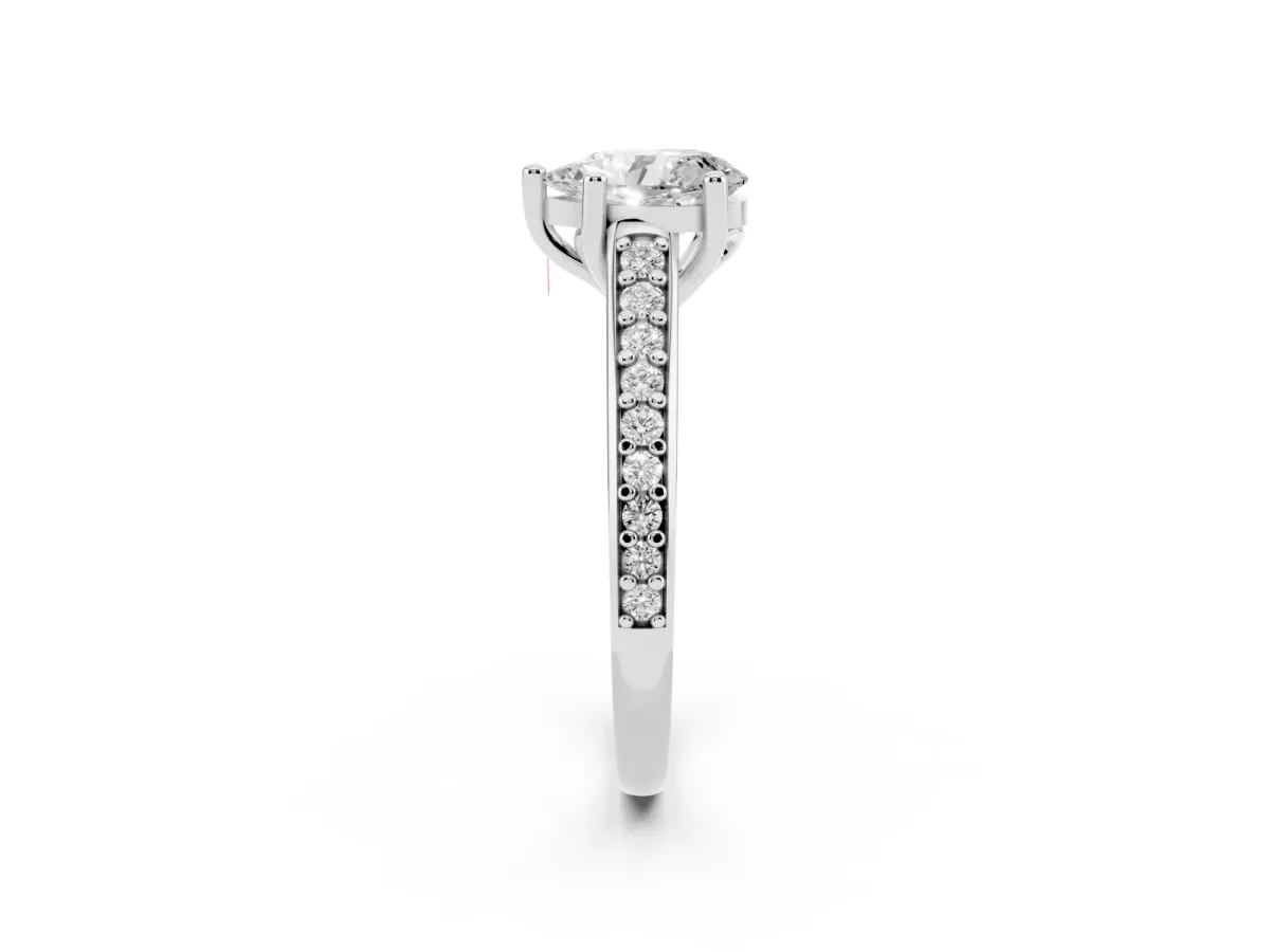 Pear Cut Solitaire Prong Set Diamond Engagement Ring with Pave Band Silver