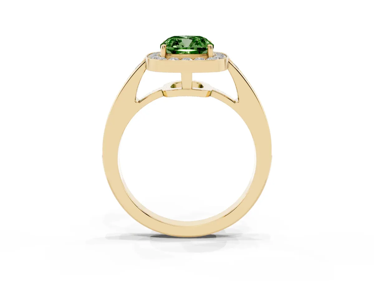 Fancy Green Cushion Cut Halo Pavé Diamond Engagement Ring with Bezel Setting Yellow gold