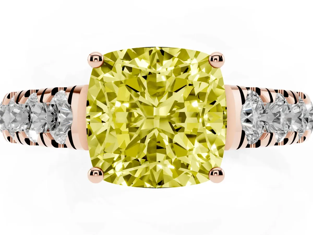 Fancy Yellow Cushion Cut Cut Diamond Solitaire Ring with Micro Pave Band and Prong Setting Rose gold
